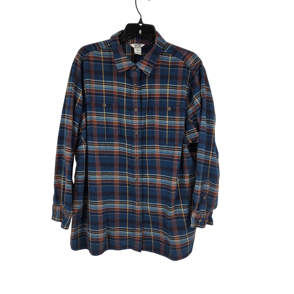 Duluth Trading Co Mens 2X Blue Orange Plaid Free Swingin Flannel Shirt